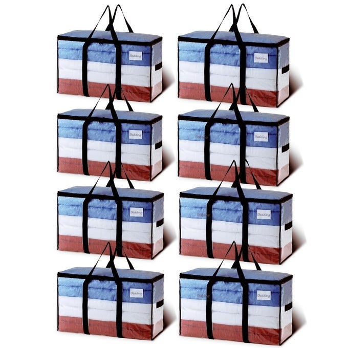 EXTRA LARGE MOVING BAGS 8 PACK CLEAR HEAVY DUTY TOTES FOR STORAGE WITH VISIBLE WINDOW WRAP AROUND HANDLES STORAGE BAGS FOR SPACE SAVING ALTERNATIVE TO MOVING BOXES