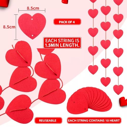 Pop The Party Felt Fabric Heart Hanging String Garlands for Valentine's Day Decoration | Romantic Hanging Decorations | Anniversary Decoration | Wedding Engagement (Pack of 4) - Image 2