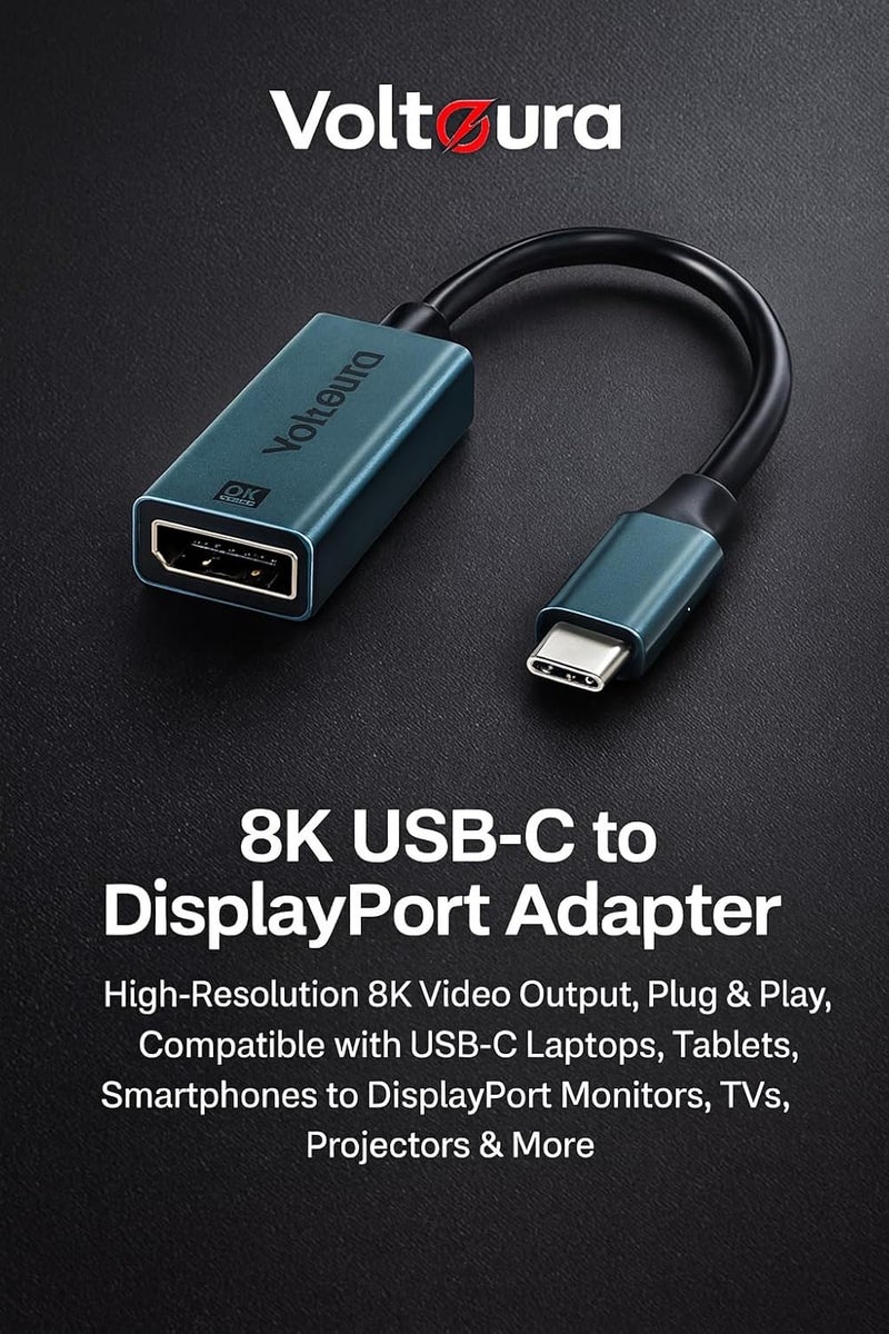 VOLTAURA 8K USB-C to DisplayPort Adapter - High-Resolution 8K Video Output, Plug & Play, Compatible with USB-C Laptops, Tablets, Smartphones to DisplayPort Monitors, TVs, Projectors & More - Image 3