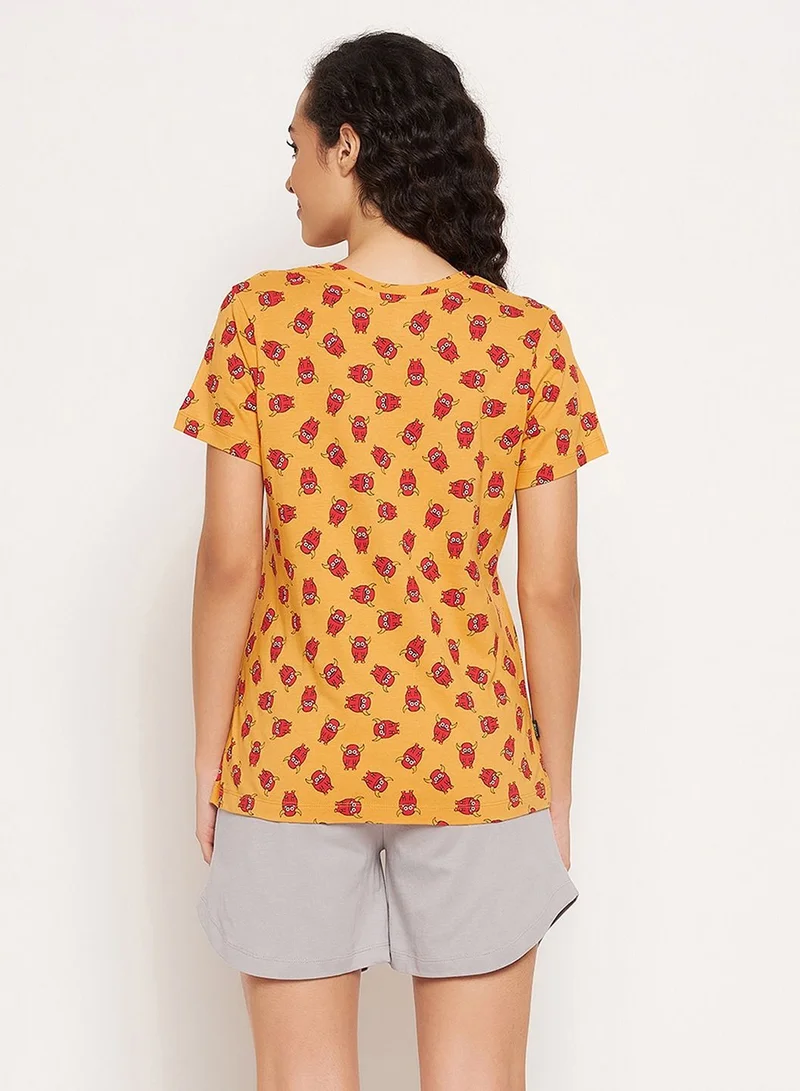 Clovia  Clovia Emoji Print Top And Solid Shorts In Mustard And Grey - 100% Cotton  | Best Price UAE