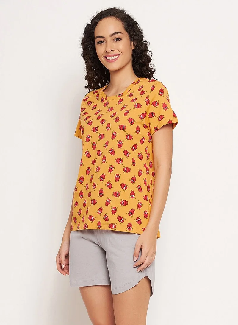 Clovia  Clovia Emoji Print Top And Solid Shorts In Mustard And Grey - 100% Cotton  | Best Price UAE