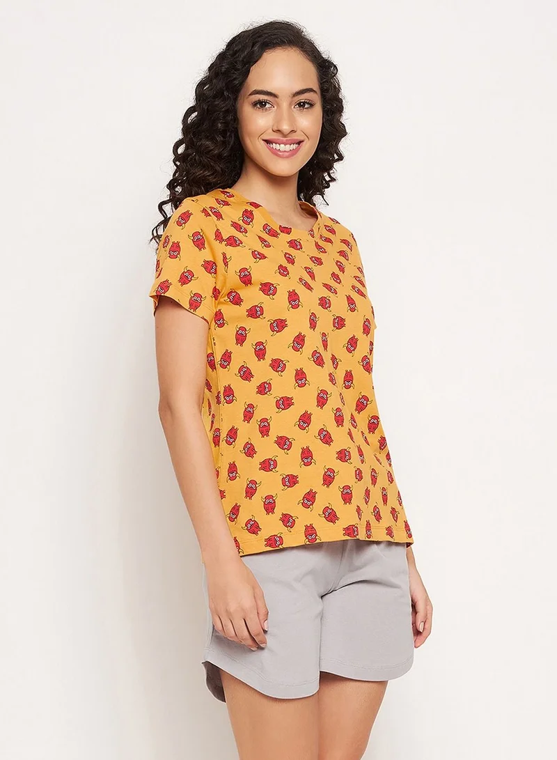 Clovia  Clovia Emoji Print Top And Solid Shorts In Mustard And Grey - 100% Cotton  | Best Price UAE