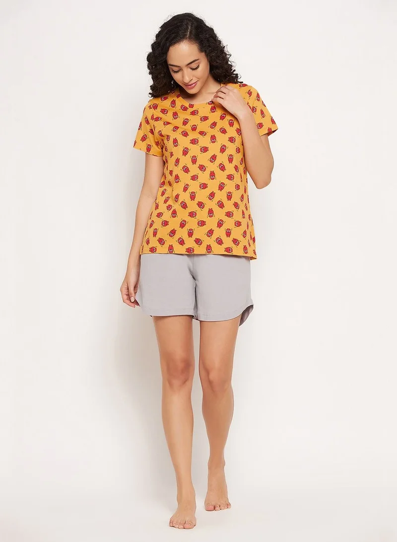 Clovia  Clovia Emoji Print Top And Solid Shorts In Mustard And Grey - 100% Cotton  | Best Price UAE