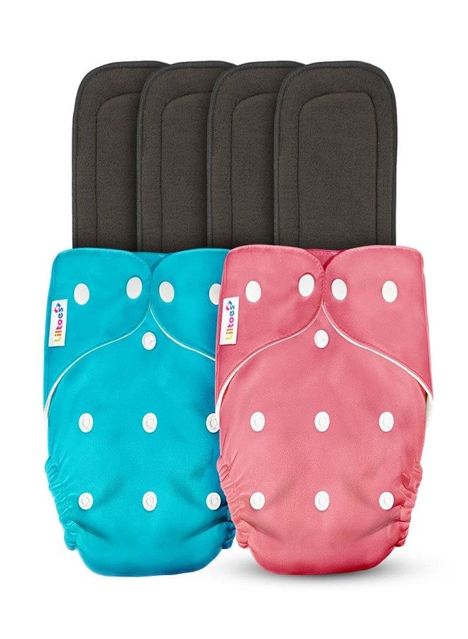 Liltoes Baby's All In One Washable Reusable Adjustable Cloth 2 Diapers With 4 Inserts (Assorted Colour) - Image 1