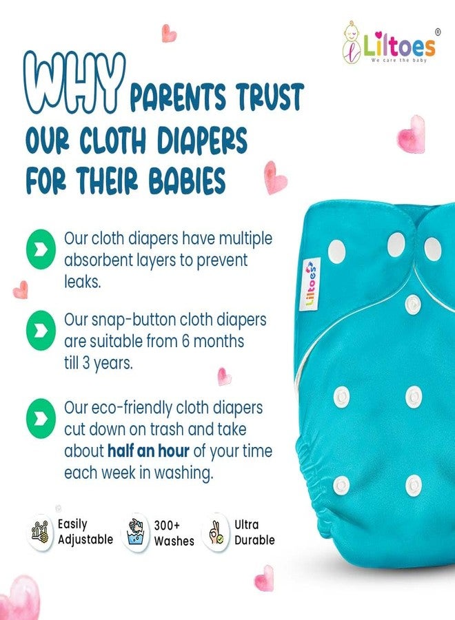 Liltoes Baby's All In One Washable Reusable Adjustable Cloth 2 Diapers With 4 Inserts (Assorted Colour) - Image 3