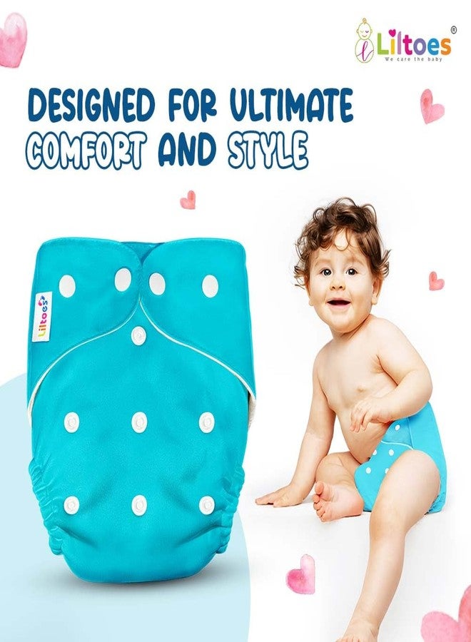 Liltoes Baby's All In One Washable Reusable Adjustable Cloth 2 Diapers With 4 Inserts (Assorted Colour) - Image 4