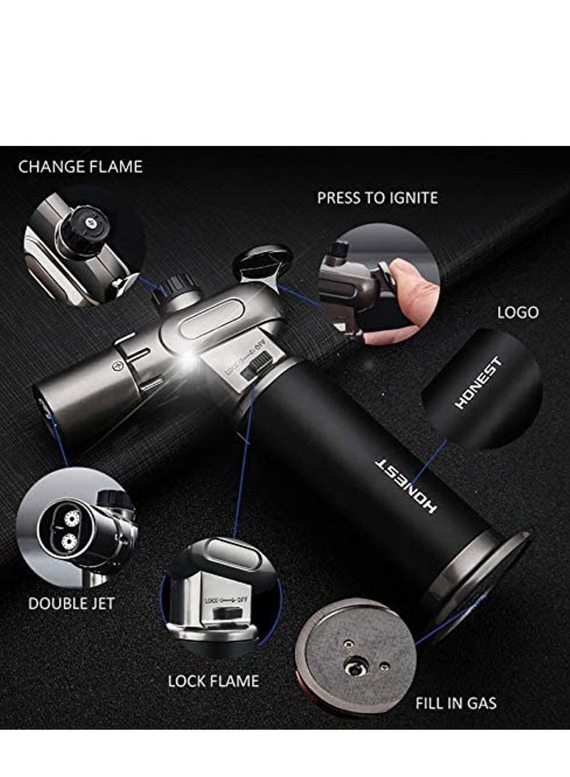 Honest ولاعة مقاومة للرياح قابلة لإعادة التعبئة بالغاز البيوتان بلهب مزدوج قابل للتعديل (غاز البيوتان غير مشمول) للفحم البخور، الشموع، الطهي، التخييم، الخبز، الشواء (أسود) - Image 3
