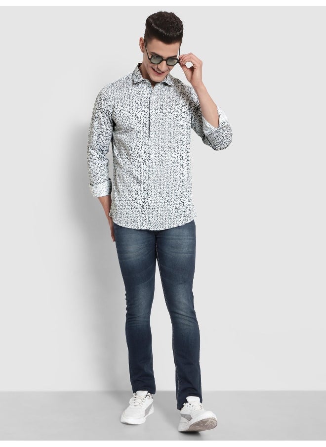 Beyoung Long Sleeve Mini Leaf Printed Shirts for Men White  - Image 1