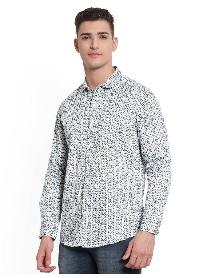 Beyoung Long Sleeve Mini Leaf Printed Shirts for Men White  - Image 2