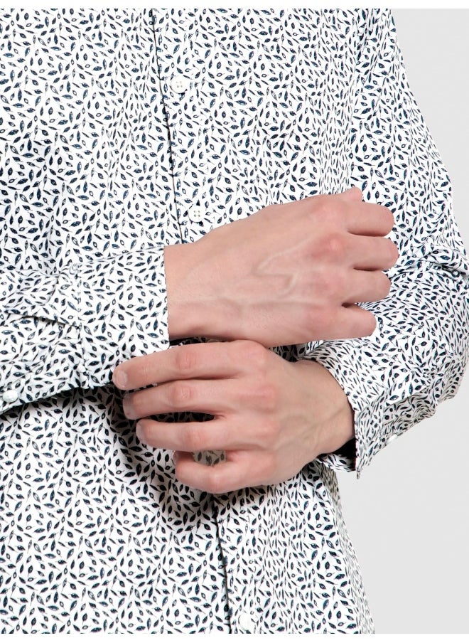Beyoung Long Sleeve Mini Leaf Printed Shirts for Men White  - Image 5