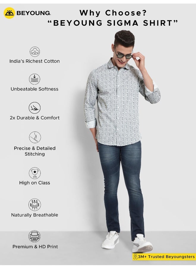 Beyoung Long Sleeve Mini Leaf Printed Shirts for Men White  - Image 4