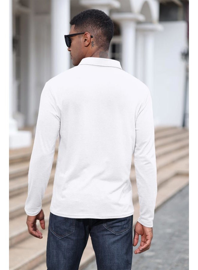 Lexiart Mens Fashion Polo Shirts Cotton Classic Long Sleeve Thermal Button Shirt with Pocket White, White, XXL - Image 4