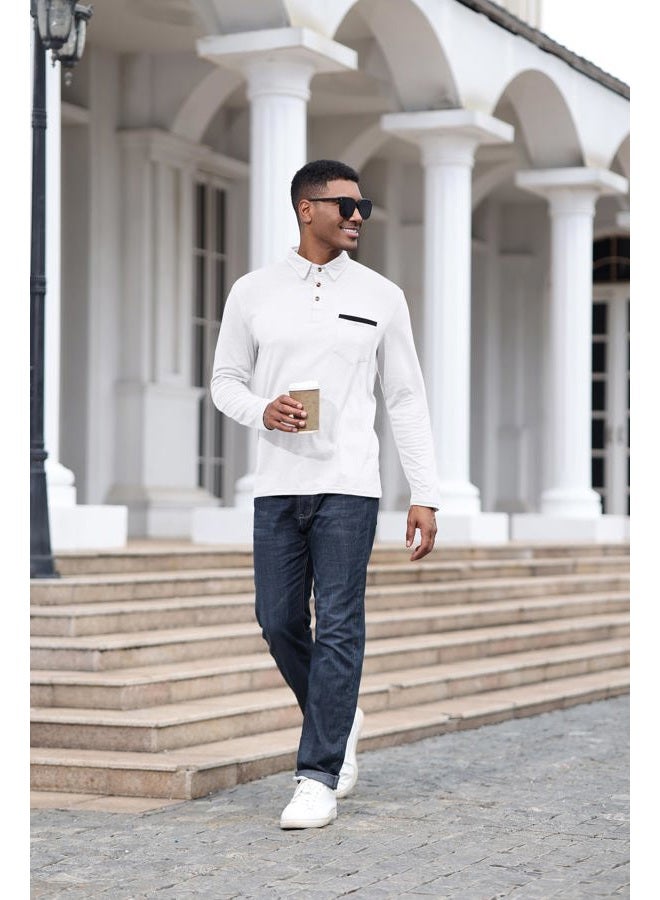 Lexiart Mens Fashion Polo Shirts Cotton Classic Long Sleeve Thermal Button Shirt with Pocket White, White, XXL - Image 5