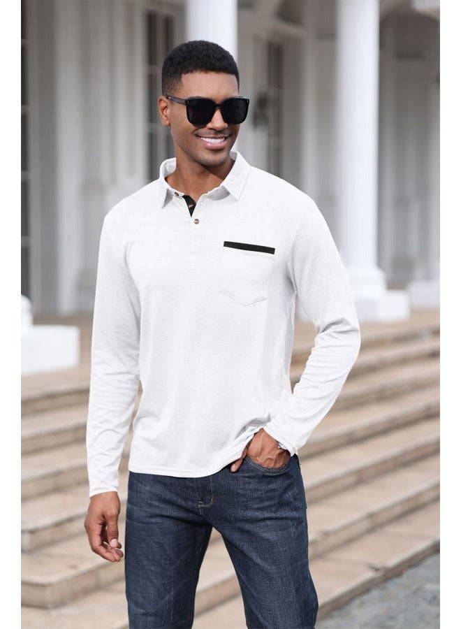 Lexiart Mens Fashion Polo Shirts Cotton Classic Long Sleeve Thermal Button Shirt with Pocket White, White, XXL - Image 2