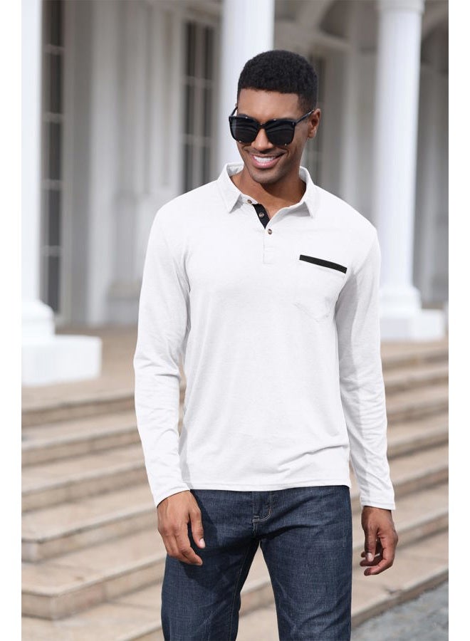 Lexiart Mens Fashion Polo Shirts Cotton Classic Long Sleeve Thermal Button Shirt with Pocket White, White, XXL - Image 3