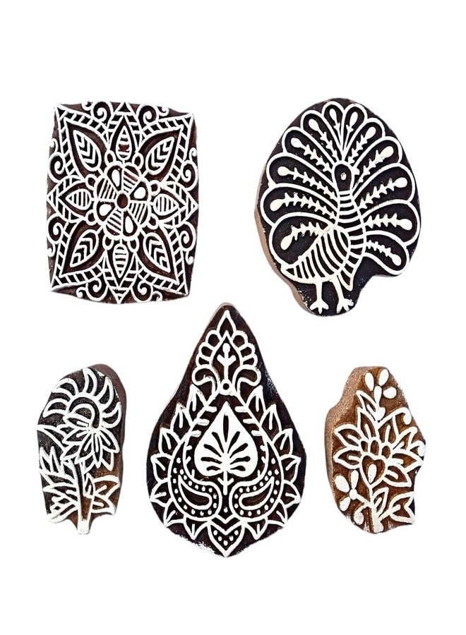 Kraftwala Wooden Printing Blocks | Pack of 5 | Mehndi | Fabric Printing | School Project | Scrapbooking | Clay Impression | (KW_WBS52_5P) - Image 1