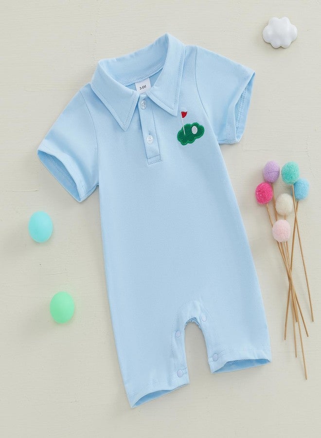 SAYOO Baby Boy Golf Outfit Newborn Golf Cart Embroidery Polo Romper Shirt Button Down Collared Jumpsuit One Piece Outfits (Blue, 0-3 Months) - Image 2