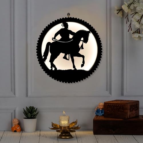 LASER ART Premium LED Backlit Wooden Wall Hanging of Chhatrapati Shivaji Maharaj on Horse | Decorative Laser Cut Silhouette Art for Home, Office, Living Room, and Gifting - Image 1