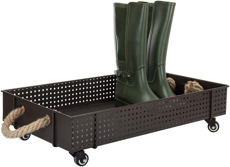 Generic INDIAN DECOR 50901 Industrial Black Metal Rolling Boot Cart 26-Inch Shoe Stand, Shoe CART, Lobby Furniture, Entrance Decor - Image 1