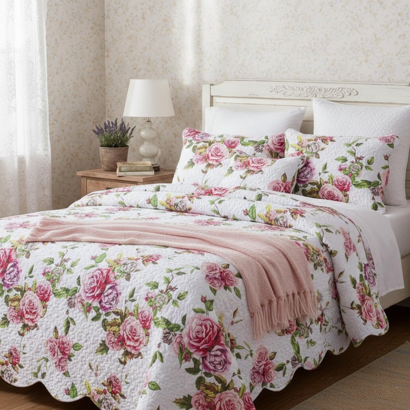 DaDa Bedding Romantic Roses Floral Bedspread Set - Lovely Spring Pink & White Scalloped Colorful Lightweight Breathable - Bright Vibrant Quilted Coverlet w/Pillow Shams - Cal King - 3-Pieces - Image 1
