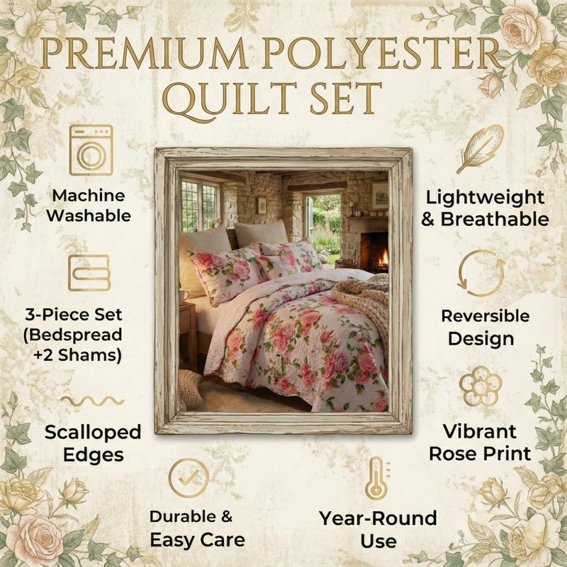 DaDa Bedding Romantic Roses Floral Bedspread Set - Lovely Spring Pink & White Scalloped Colorful Lightweight Breathable - Bright Vibrant Quilted Coverlet w/Pillow Shams - Cal King - 3-Pieces - Image 2