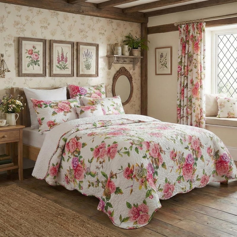 DaDa Bedding Romantic Roses Floral Bedspread Set - Lovely Spring Pink & White Scalloped Colorful Lightweight Breathable - Bright Vibrant Quilted Coverlet w/Pillow Shams - Cal King - 3-Pieces - Image 3
