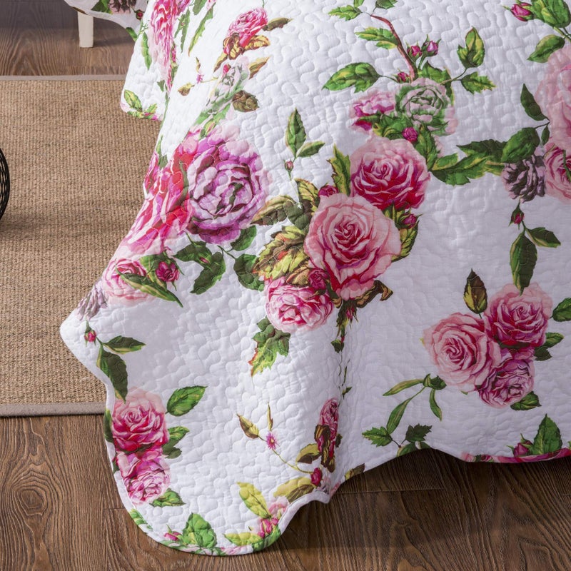 DaDa Bedding Romantic Roses Floral Bedspread Set - Lovely Spring Pink & White Scalloped Colorful Lightweight Breathable - Bright Vibrant Quilted Coverlet w/Pillow Shams - Cal King - 3-Pieces - Image 4