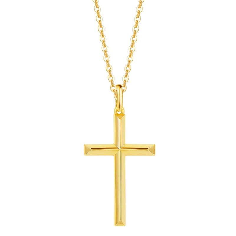 FANCIME Yellow Gold Plated 925 Sterling Silver Beveled Cross Pendant Necklace Dainty Fine Delicate Jewelry Easter Gifts for Women 18 INCHES - Image 1