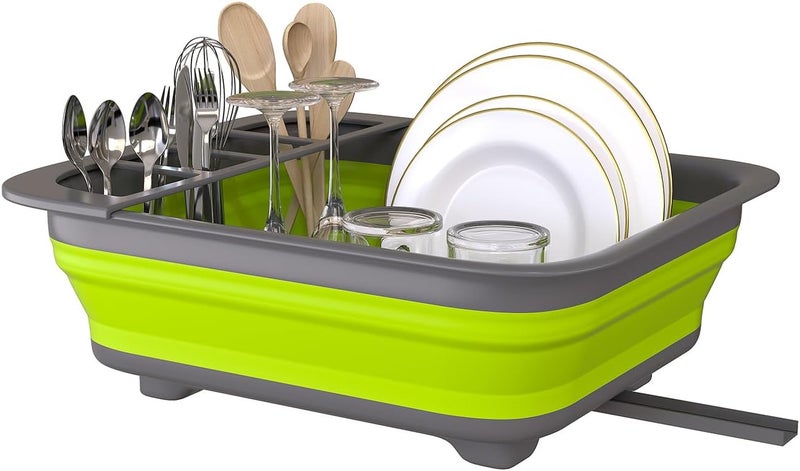 THANSTAR Collapsible Dish Drying Rack for RV Campers Portable Dinnerware Drainer Organizer for Kitchen Travel Trailer-Green - Image 1