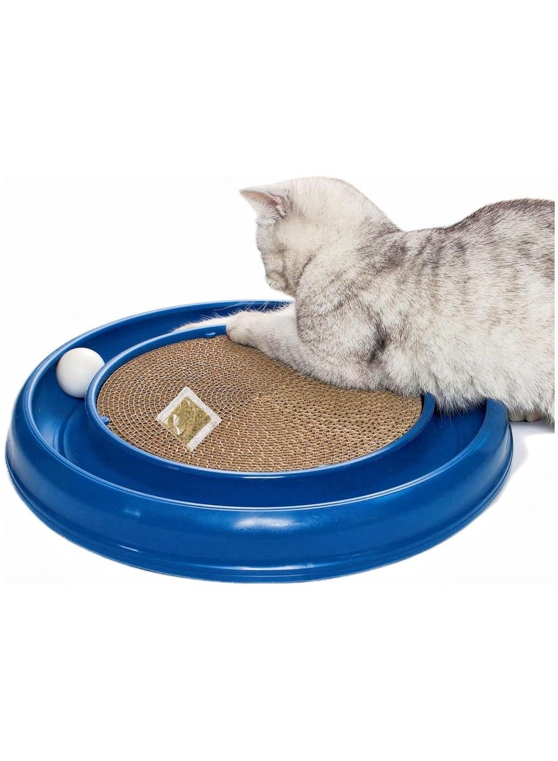 "وسادة خدش قطط دائرية مع كرة خدش قطط واحدة، ألعاب قطط، لوحة خدش مع كرة دوارة تفاعلية للعب النشط للقطط الصغيرة. لعبة تفاعلية مع مسار كرة للقطط لتطارد الكرة داخل المنزل. لوحة خدش قطط مع كرات لسن القطة، لعبة تفاعلية. لعبة مسار كرة قطط تفاعلية للقطط الداخلية، لوحة خدش قطط ومجموعة تمارين للقطط البالغة الصغيرة والقطط لتوفير التحفيز العقلي والبدني، مع كرة إضافية لتجنب الفقدان. وسادة خدش قطط مع مسار كرة للتمارين واللعب (أزرق)." - Image 1