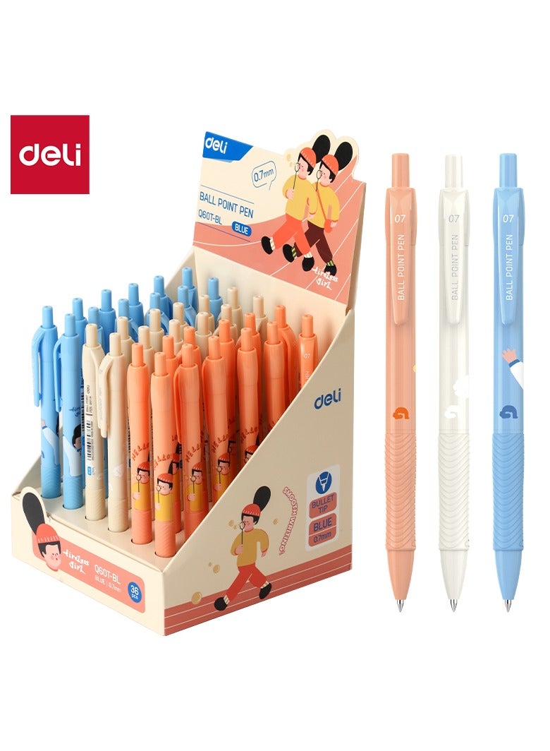 Deli Q60T-BL Cute Retractable Ballpoint Pens, 0.7mm Blue Ink, Smooth Writing with Comfort Grip, Fun Cartoon Design, 36-Count Bulk Pack. - Image 1