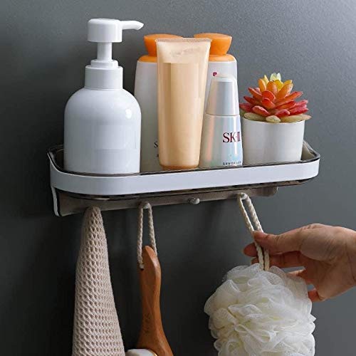 GREEYA Wall Shelf Organizer with Hooks for Hanging Razor Sponge Brush Towel Bathroom Shower Caddy Organizer Adhesive NO Drilling Suitable for Home Kitchen Bathroom - Image 1
