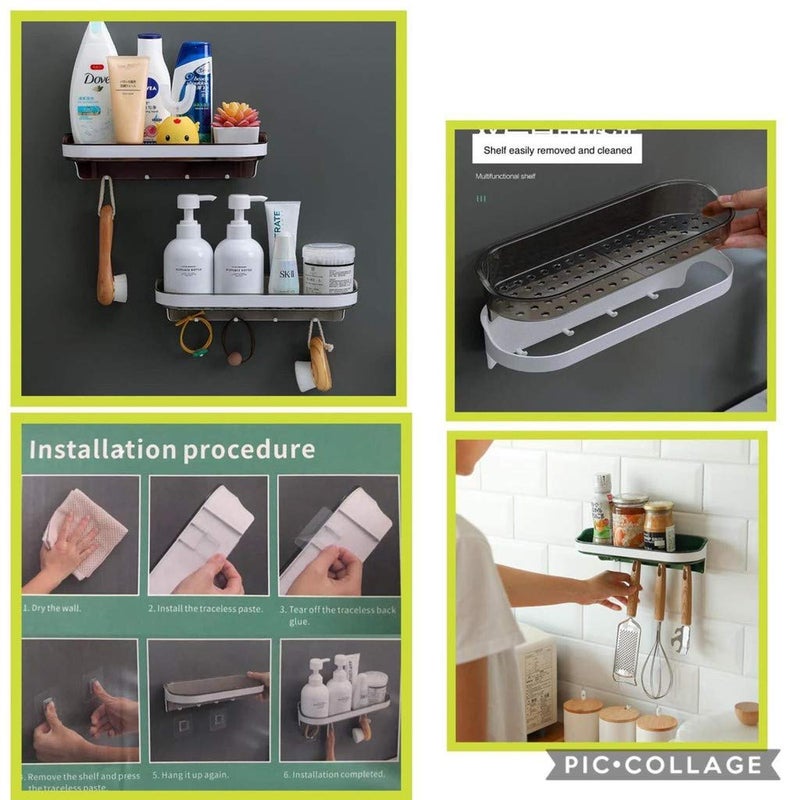 GREEYA Wall Shelf Organizer with Hooks for Hanging Razor Sponge Brush Towel Bathroom Shower Caddy Organizer Adhesive NO Drilling Suitable for Home Kitchen Bathroom - Image 4