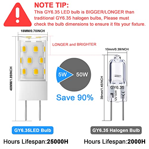 TAIYALOO GY6.35 LED Bulb 5W Equivalent to 50W Bi-pin Base Halogen Bulb, AC/DC 12V Daylight White 6000K for Pendant Light, Chandelier, Desk Light, Accent Lights, Landscape Lighting, Non-Dimmable (4 Pack) - Image 2