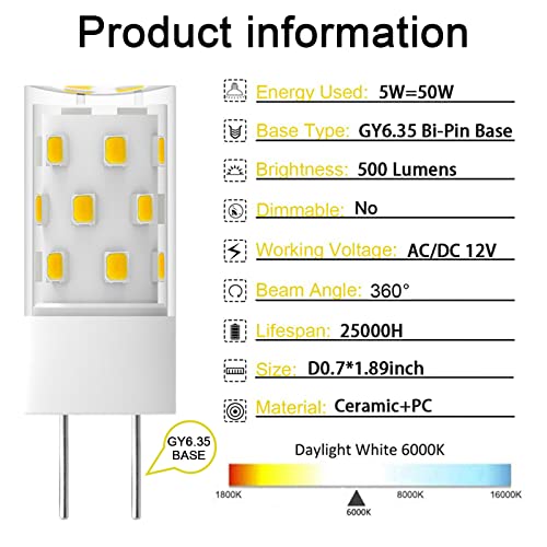 TAIYALOO GY6.35 LED Bulb 5W Equivalent to 50W Bi-pin Base Halogen Bulb, AC/DC 12V Daylight White 6000K for Pendant Light, Chandelier, Desk Light, Accent Lights, Landscape Lighting, Non-Dimmable (4 Pack) - Image 3