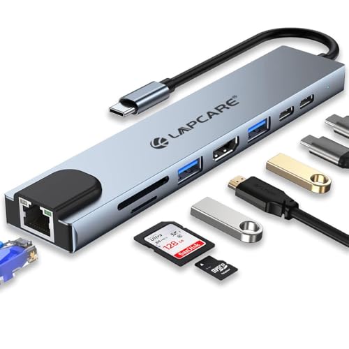 LAPCARE 8-in-1 USB-C Hub Docking Station, 4K HDMI, 87W PD Charging, USB 3.0, Ethernet Port, SD/MicroSD Card Reader, Type-C Multiport Adapter for MacBook, Laptop, iPad Pro - Image 1