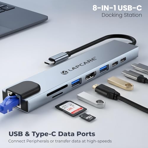 LAPCARE 8-in-1 USB-C Hub Docking Station, 4K HDMI, 87W PD Charging, USB 3.0, Ethernet Port, SD/MicroSD Card Reader, Type-C Multiport Adapter for MacBook, Laptop, iPad Pro - Image 2