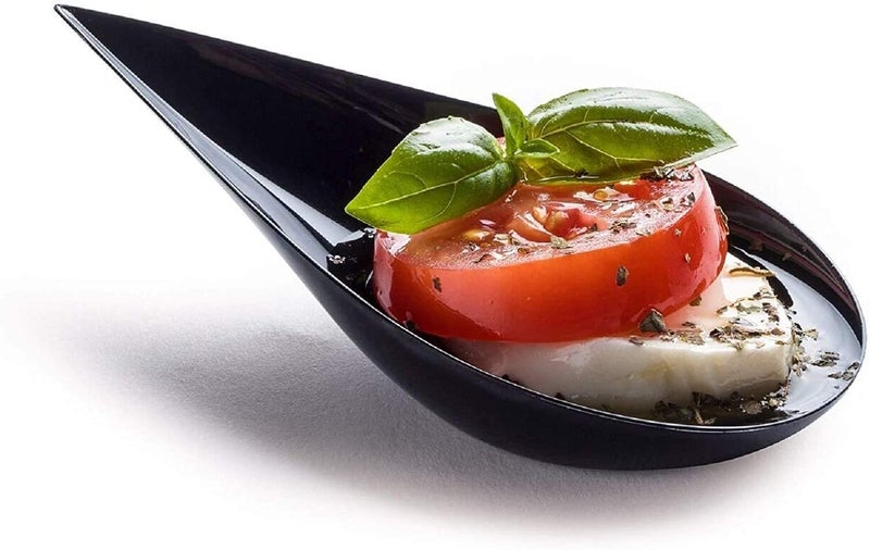 DLux 100 4in Tear Drop Mini Appetizer Plates Reusable Black Plastic Spoons  Desserts and Appetizers Dishes Serving Plate  Asian Spoon Set Small Catering Dessert Tasting Cups  with Recipe Ebook