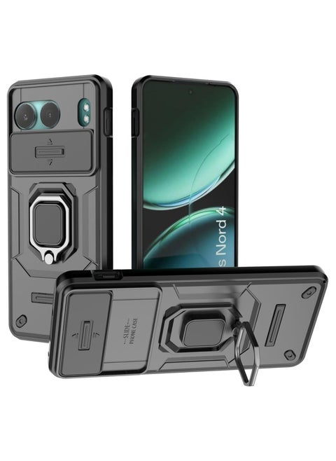 Case Compatible with OnePlus Nord 4 5G, 360° Metal Ring Magnetic Kickstand Shell with Lens Slide Window, TPU+PC Shockproof Protective Cover for OnePlus Nord 4