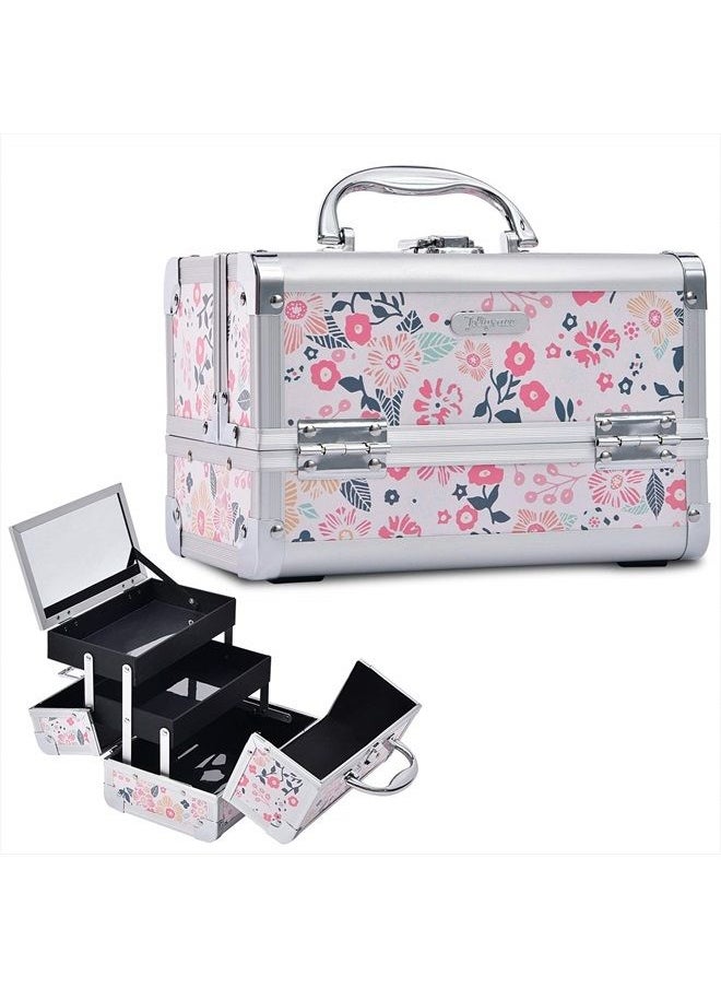 Joligrace - Makeup Box Cosmetic Train Case Jewelry Organizer Lockable with Keys and Mirror 2-Tier Tray Portable Carrying Travel Storage Box for Girl - White Floral - Image 1