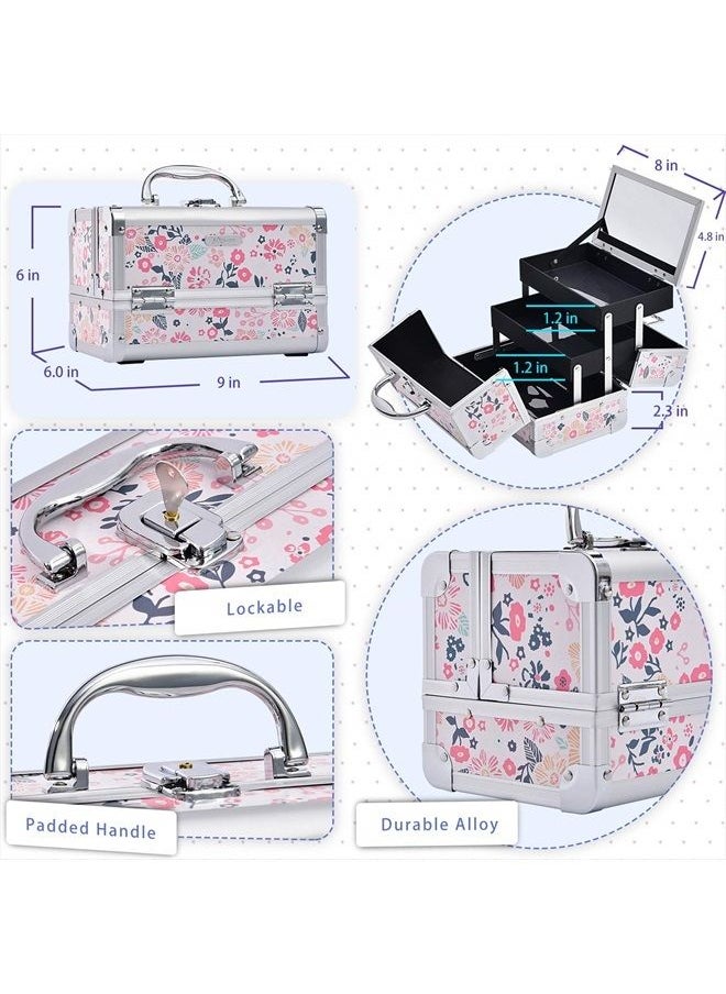Joligrace - Makeup Box Cosmetic Train Case Jewelry Organizer Lockable with Keys and Mirror 2-Tier Tray Portable Carrying Travel Storage Box for Girl - White Floral - Image 1
