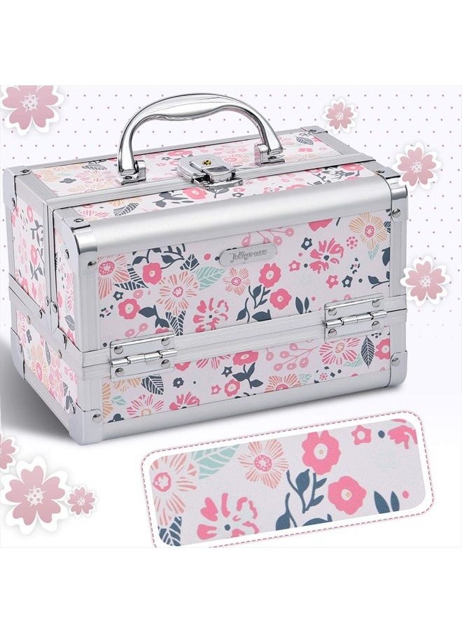 Joligrace - Makeup Box Cosmetic Train Case Jewelry Organizer Lockable with Keys and Mirror 2-Tier Tray Portable Carrying Travel Storage Box for Girl - White Floral - Image 1