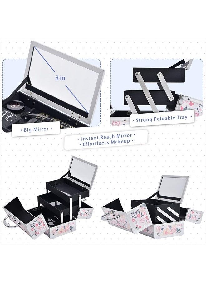Joligrace - Makeup Box Cosmetic Train Case Jewelry Organizer Lockable with Keys and Mirror 2-Tier Tray Portable Carrying Travel Storage Box for Girl - White Floral - Image 1