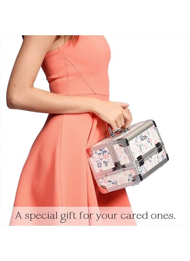 Joligrace - Makeup Box Cosmetic Train Case Jewelry Organizer Lockable with Keys and Mirror 2-Tier Tray Portable Carrying Travel Storage Box for Girl - White Floral - Image 1