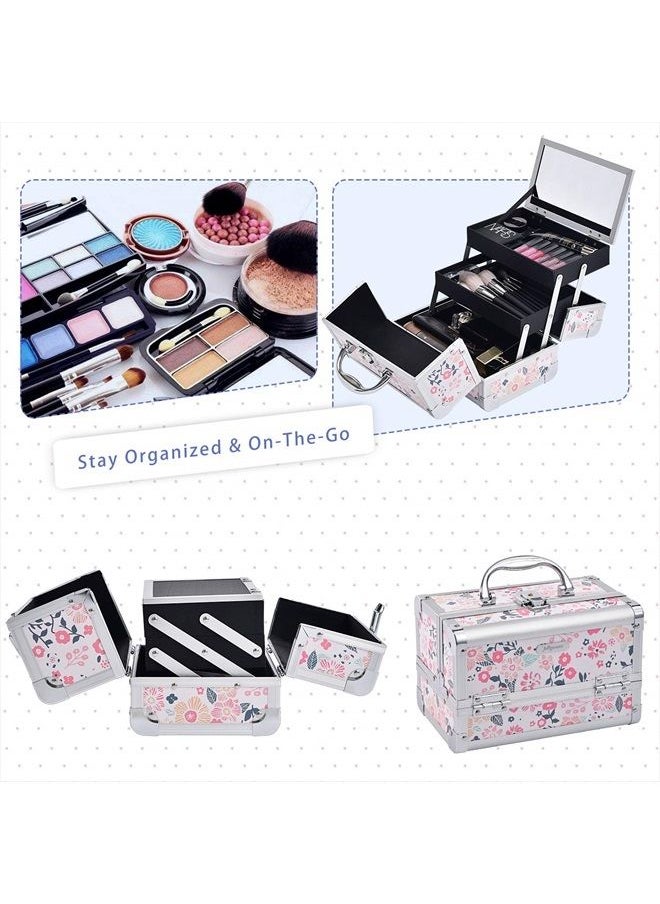 Joligrace - Makeup Box Cosmetic Train Case Jewelry Organizer Lockable with Keys and Mirror 2-Tier Tray Portable Carrying Travel Storage Box for Girl - White Floral - Image 1
