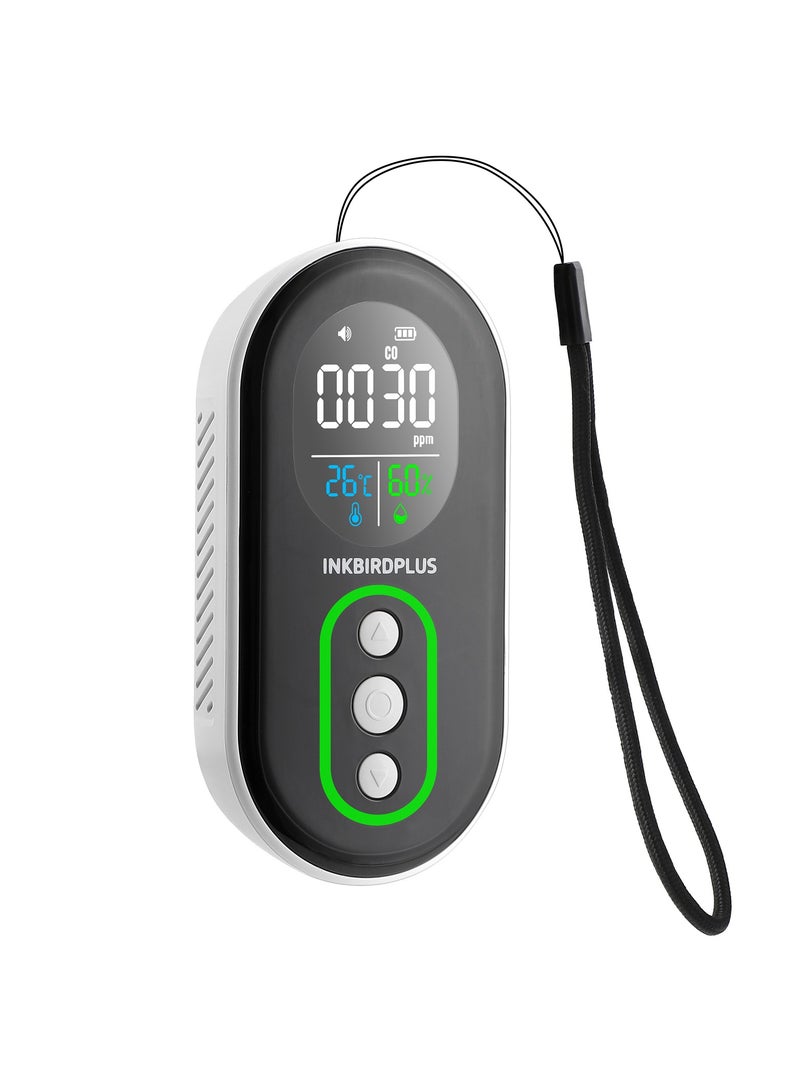 INKBIRDPLUS Portable Carbon Monoxide Detector CO Monitor with Temperature & Humidity Sensor 3-in-1 Real-Time Monitoring with Audible & Visual Alarms Rechargeable Compact Design for Home Car Office