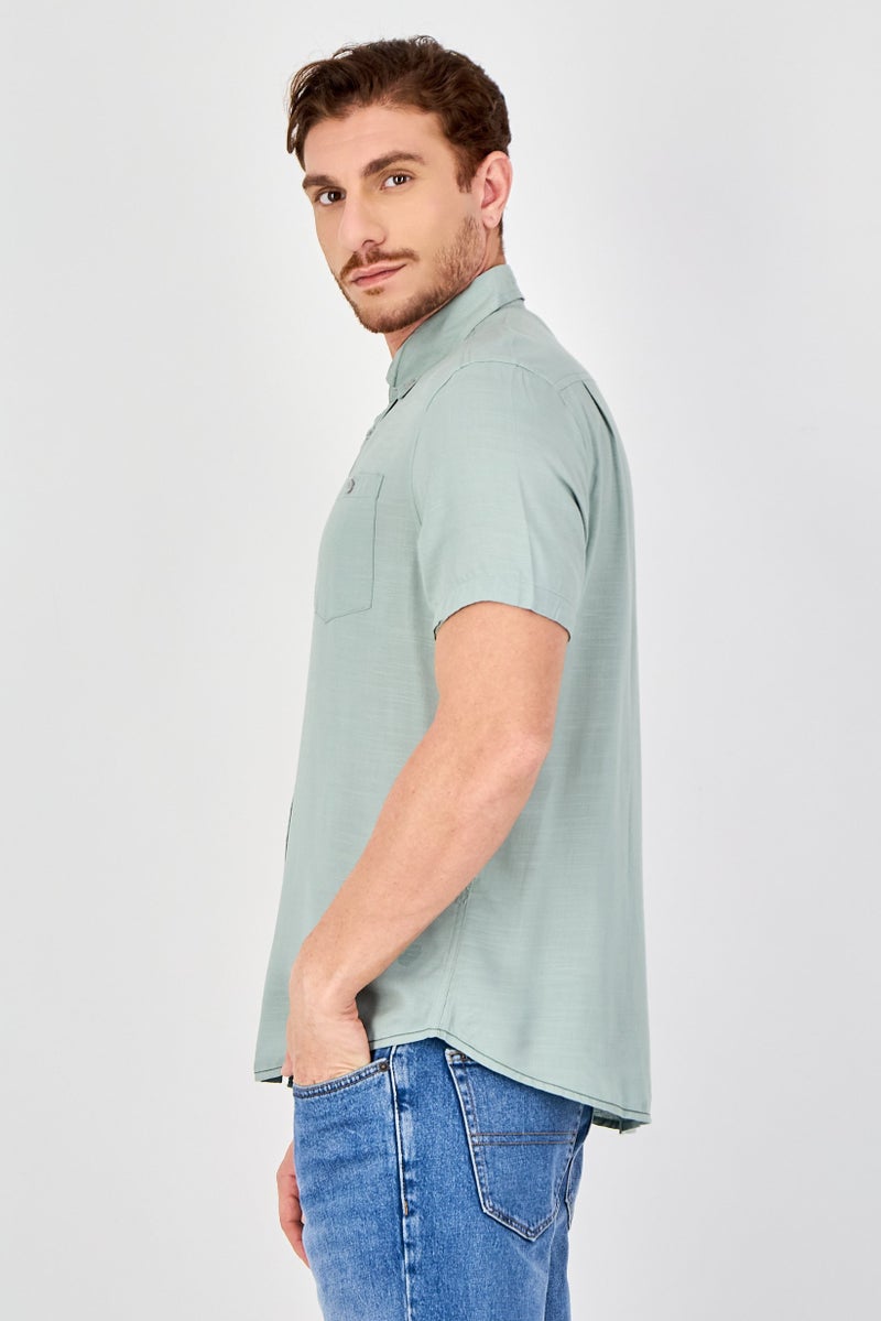 Report Collection Men Regular Fit Solid Short Sleeve Casual Shirt, Sage Green - Image 2