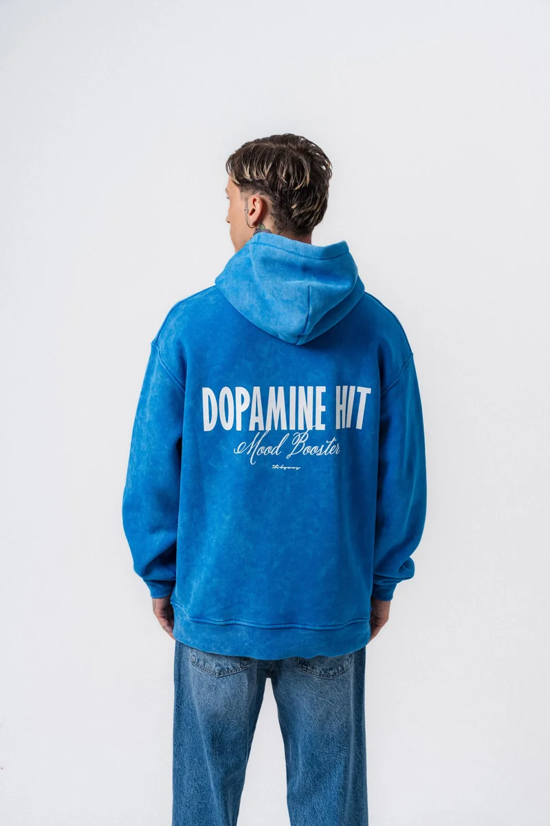 ريسباير هودي رجالي واسع (Oversize) بغطاء رأس مطبوع بعبارة "Dopamine Hit" لون أزرق