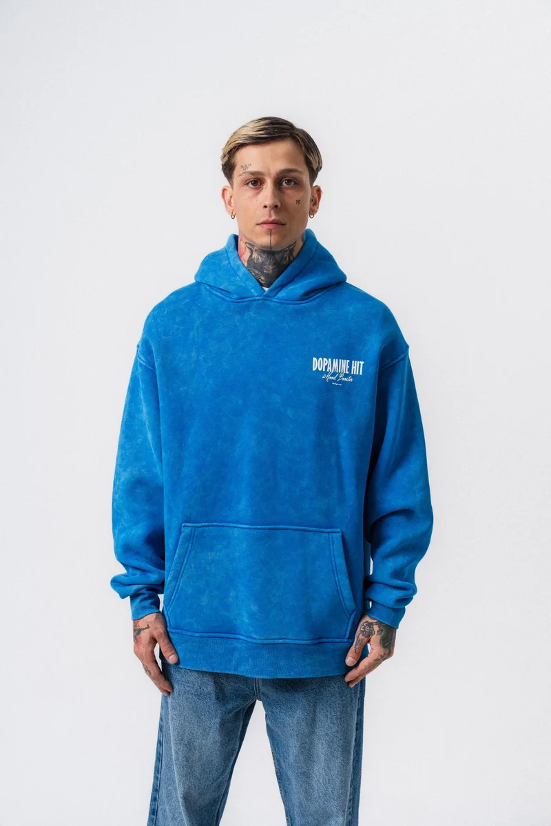 ريسباير هودي رجالي واسع (Oversize) بغطاء رأس مطبوع بعبارة "Dopamine Hit" لون أزرق