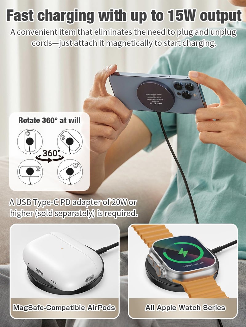 Ueuoe 3 in 1 Magnetic Wireless Charging Station, 15W Fast Charger Compatible with iPhone 17/16/15/14/13/12 Series, Apple Watch 9-2/SE, AirPods Pro 3/2/1, for Bedside Desk Travel Home Office (Black) - Image 2